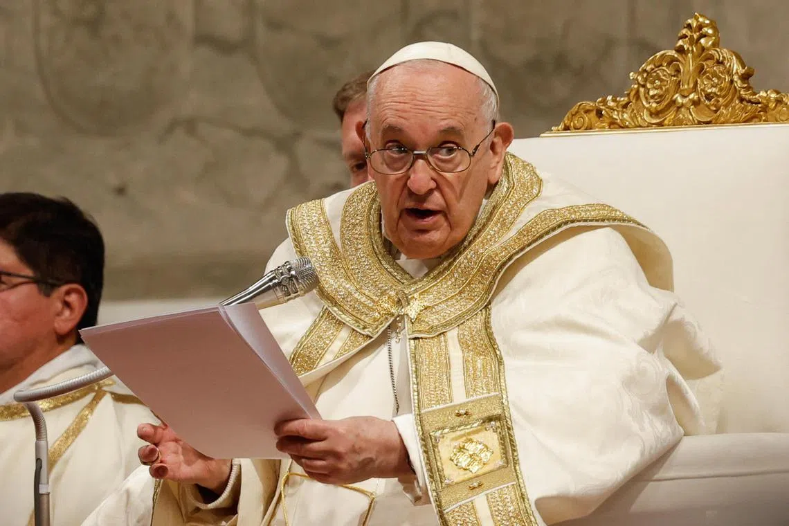 epa10565467 Pope Francis leads the Easter Vigil mass at Saint Peter's Basilica in Vatican City, 08 April 2023. Christians around the world are marking the Holy Week, commemorating the crucifixion of Jesus Christ, leading up to his resurrection on Easter.  EPA-EFE/GIUSEPPE LAMI