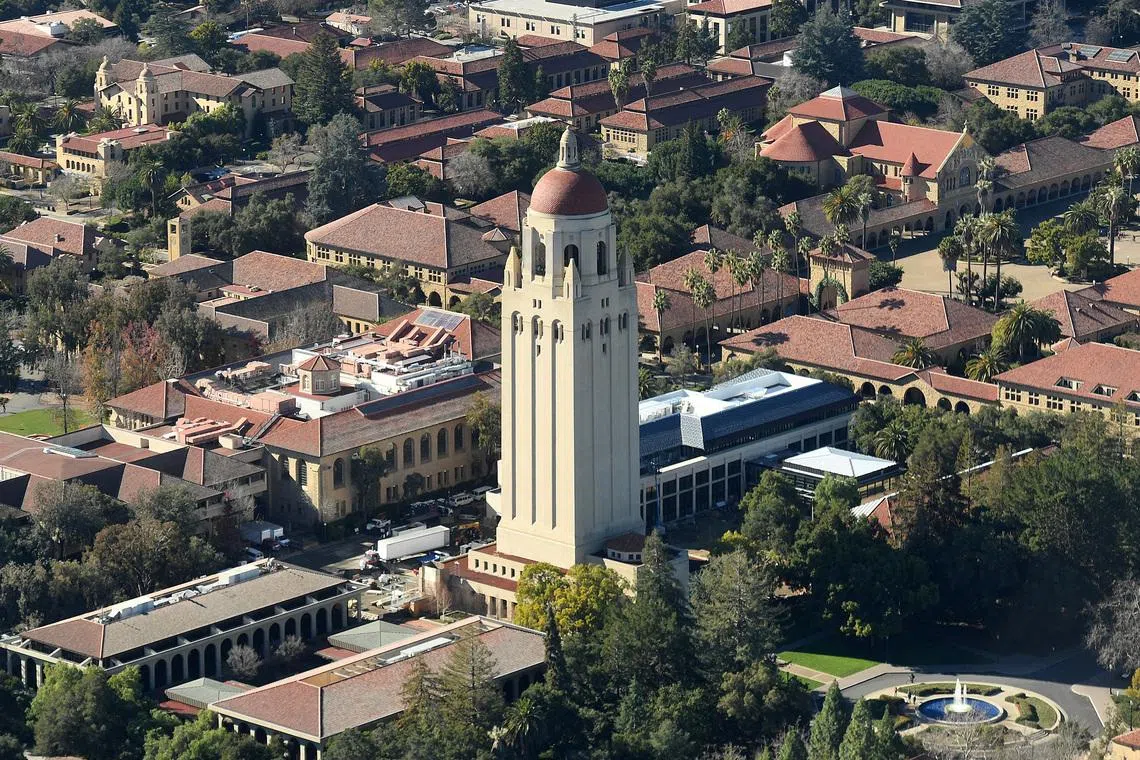 The Hoover Tower rises above Stanford University in an aerial photo.
