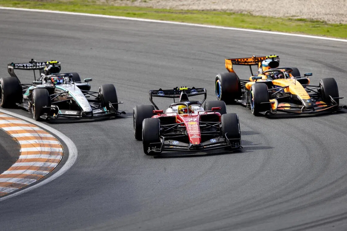 (From left) Mercedes driver Andrea Kimi Antonelli, Scuderia Ferrari driver Lewis Hamilton and McLaren driver Lando Norris at the Dutch Grand Prix on Aug 23.