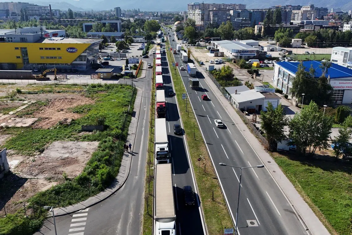 About 600 trucks were parked near cargo customs terminals in several towns, including the capital Sarajevo (above).