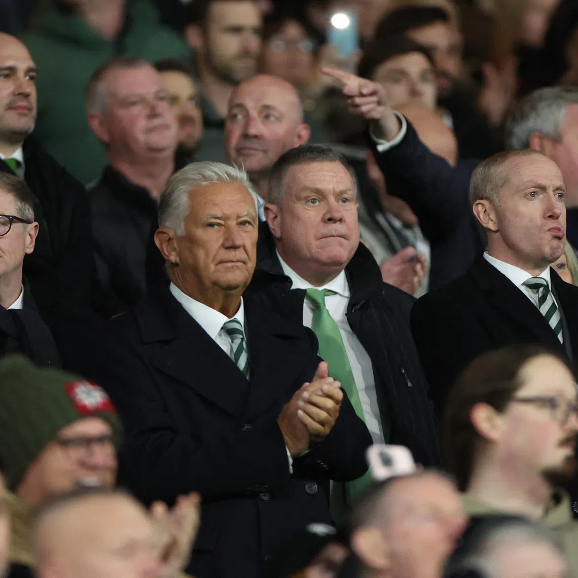 Soccer Football - Scottish Premiership - Celtic v Falkirk - Celtic Park, Glasgow, Scotland, Britain - October 29, 2025 Celtic non executive chairman Peter Lawwell and chief executive Michael Nicholson in the stands before the match REUTERS/Russell Cheyne