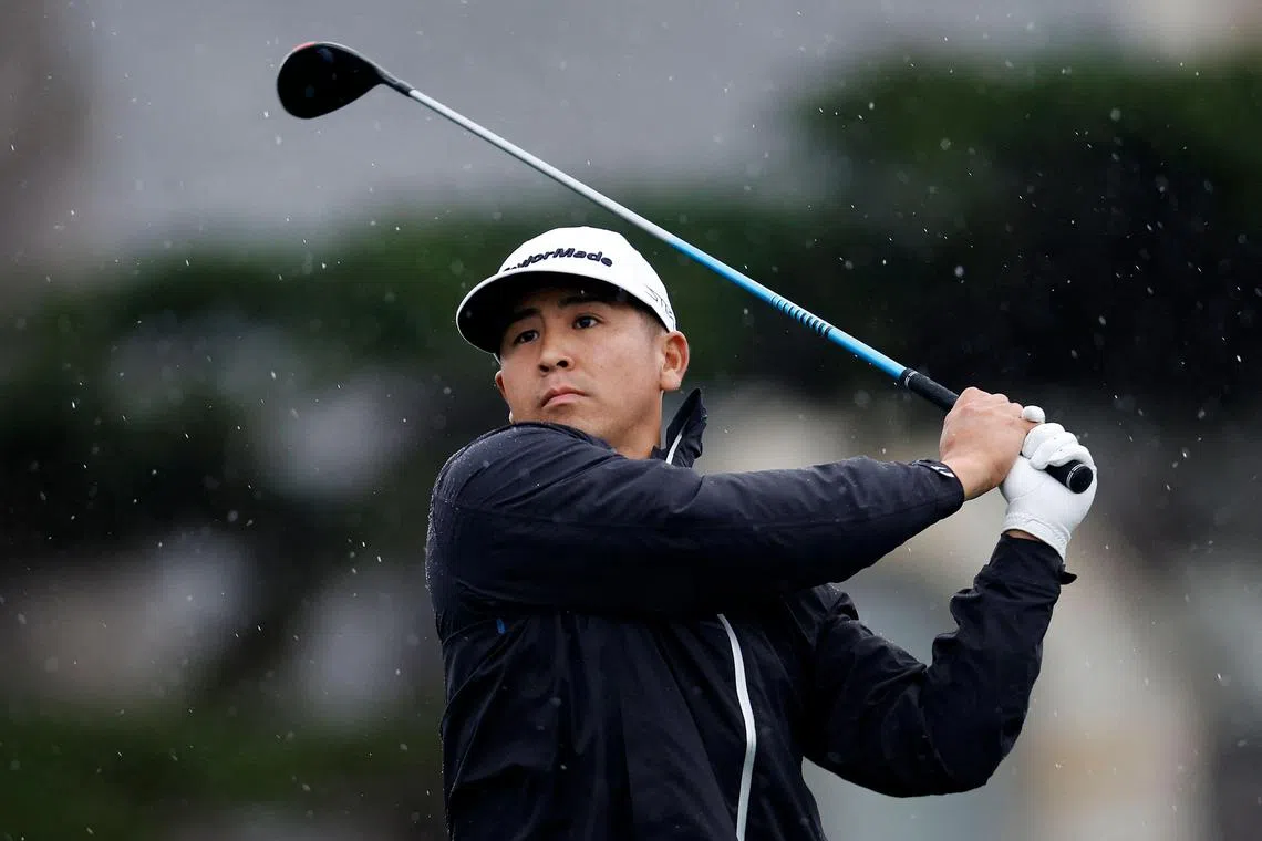 Kurt Kitayama of the United States plays his shot from the 11th tee during the second round of the Pebble Beach Pro-Am on Friday.