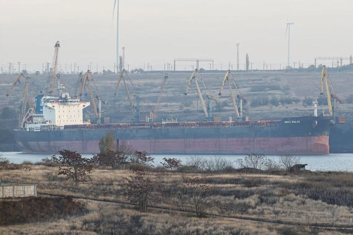 A general view shows Liberia-flagged bulk carrier Kmax Ruler damaged by a Russian missile strike in the sea port Pivdennyi, amid Russia's attack on Ukraine, in Odesa region, Ukraine November 9, 2023. REUTERS/Stringer