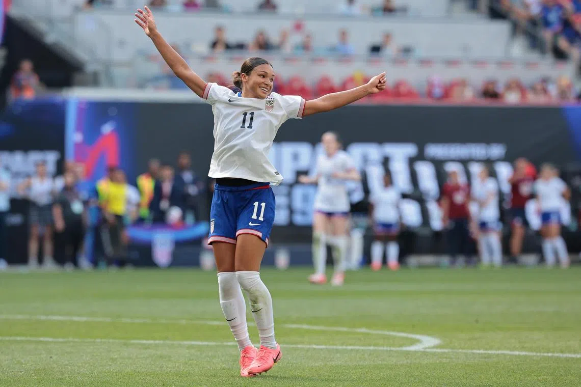 United States forward Sophia Smith celebrating her winner during the 1-0 triumph against Mexico at Red Bull Arena in New Jersey on July 13.