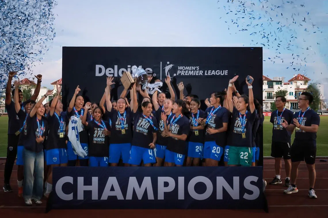 Lion City Sailors lifting the trophy after winning the Deloitte Women's Premier League at Choa Chu Kang Stadium on Sep 15, 2024.