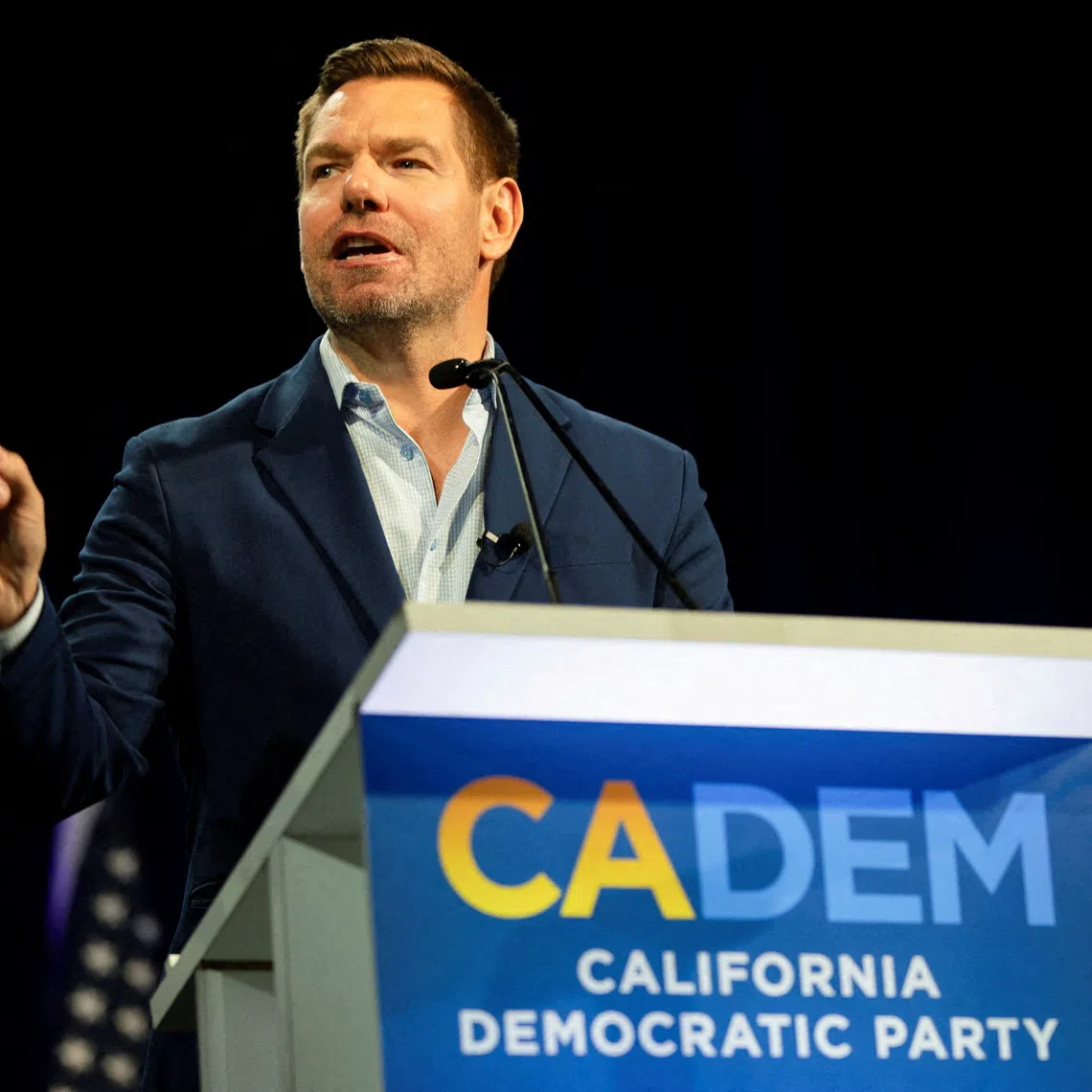 FILE PHOTO: California gubernatorial candidate Eric Swalwell speaks during the California Democratic Convention in San Francisco, California, U.S, February 21, 2026.  REUTERS/Manuel Orbegozo/File Photo