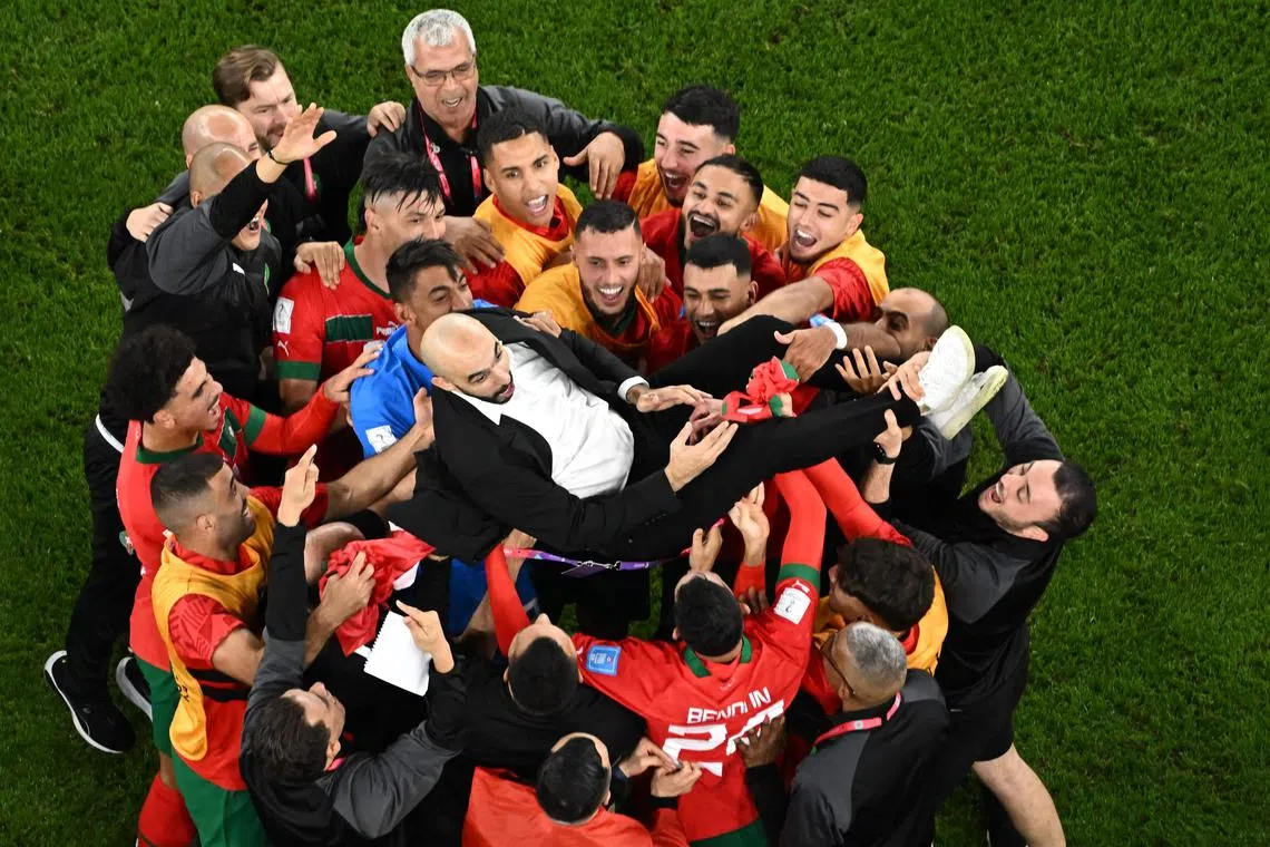 Morocco's coach Walid Regragui is thrown in the air by his team after winning their quarter-final match 1-0 against Portugal.