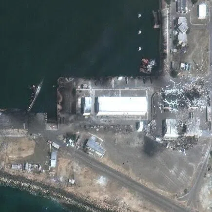 A satellite view shows destroyed naval vessels and buildings after US and Israeli strikes, at Konarak, Iran, March 1, 2026.