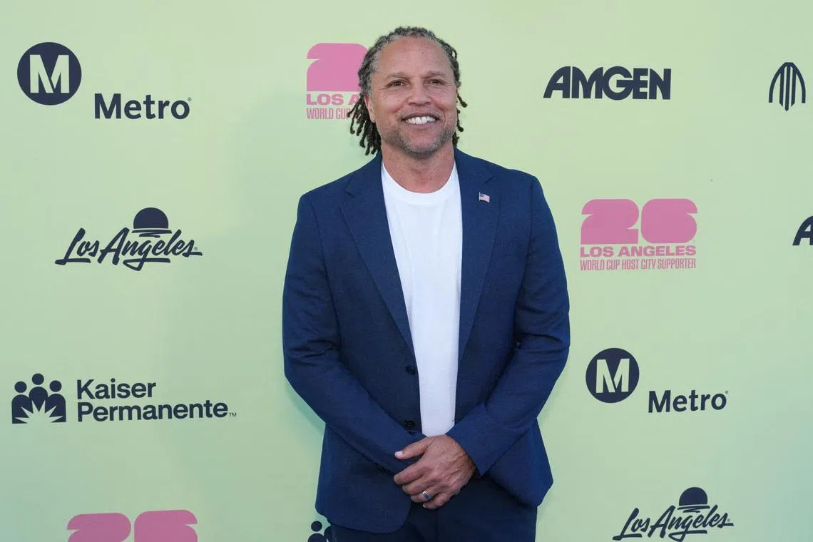 Jun 9, 2026; Los Angeles, CA, USA; Cobi Jones on the blue carpet for the World Cup 2026 Kickoff Party at LA Memorial Coliseum. Mandatory Cblueit: Kirby Lee-Imagn Images