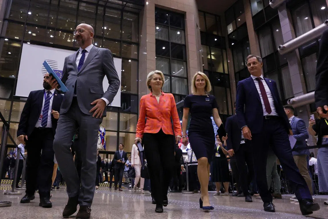 Estonia's Prime Minister Kaja Kallas, European Council President Charles Michel, European Commission President Ursula von der Leyen and Belgium's Prime Minister Alexander De Croo walk to a press conference during a European Union leaders' summit in Brussels, Belgium June 28, 2024. REUTERS/Yves Herman