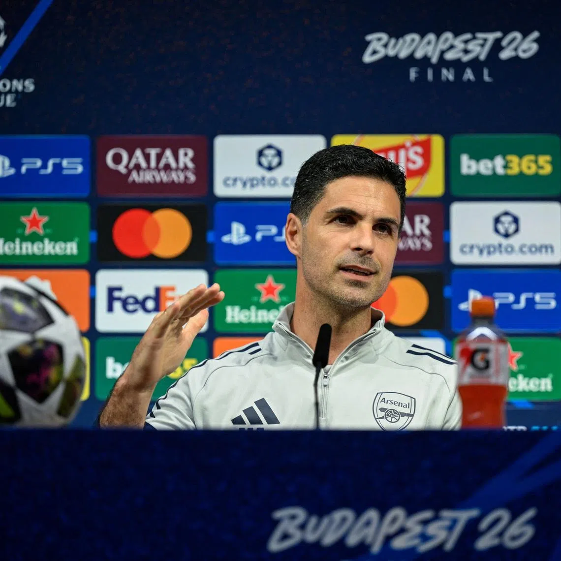Soccer Football - UEFA Champions League - Final - Arsenal Press Conference - Puskas Arena, Budapest, Hungary - May 29, 2026 Arsenal manager Mikel Arteta during the press conference Pool via REUTERS/Franck Fife