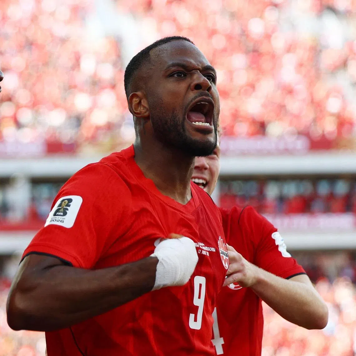 Cyle Larin celebrates scoring the equaliser for Canada in their match against Bosnia and Herzegovina on June 12.