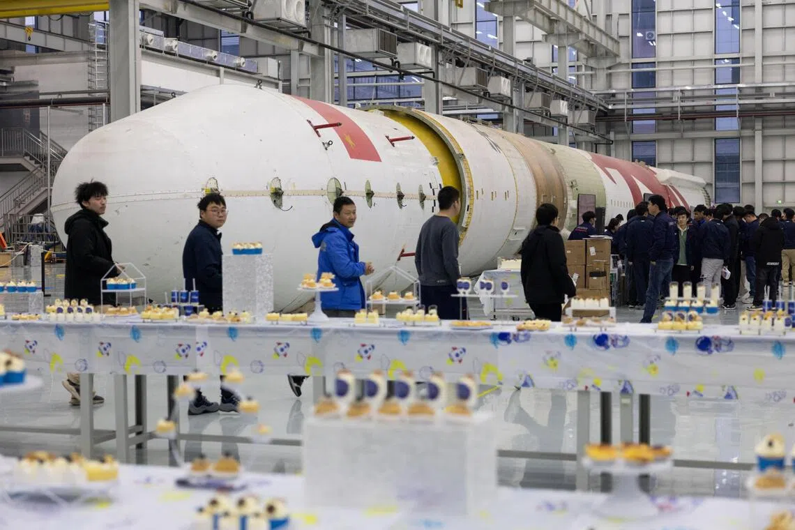 A test rocket body for the Zhuque-2 program at China’s private rocket company LandSpace's factory in Huzhou, Zhejiang province, China.