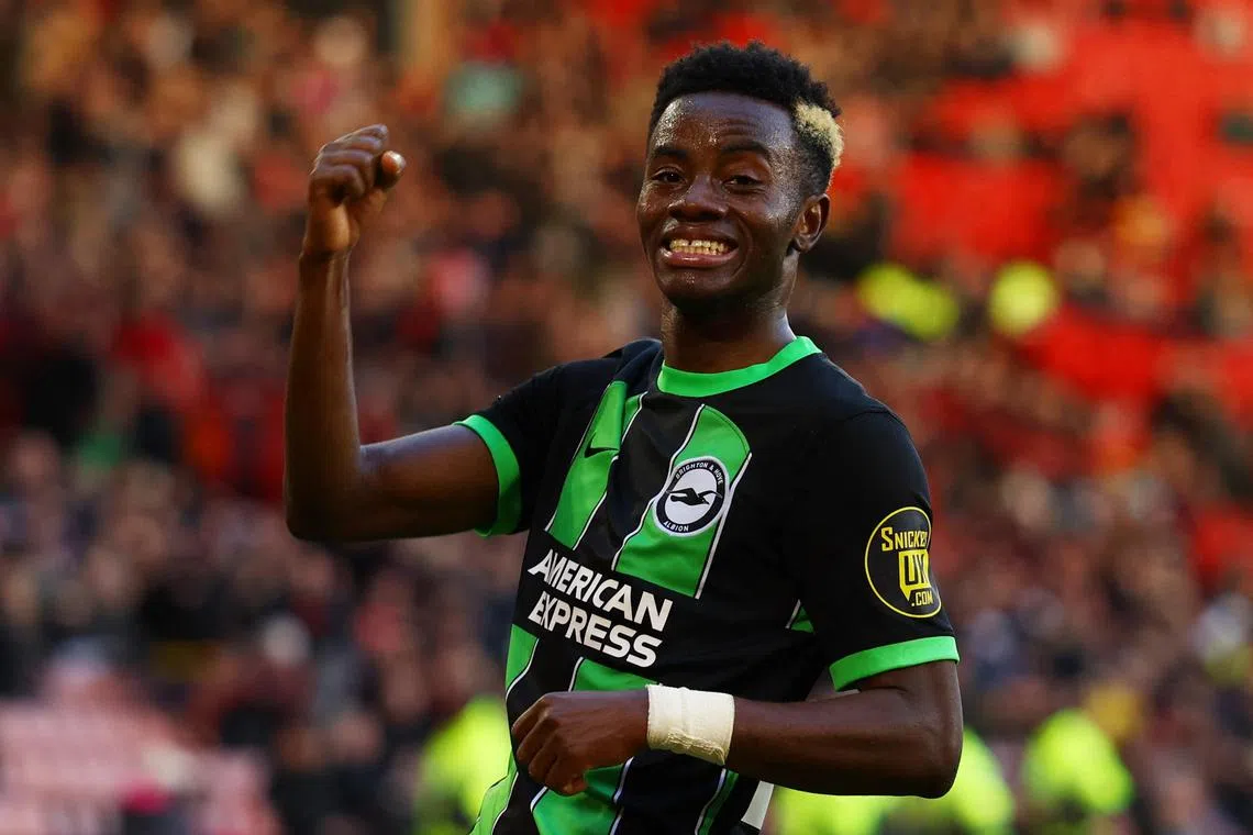 Brighton and Hove Albion's Simon Adingra celebrates scoring their fifth goal, to complete his double.