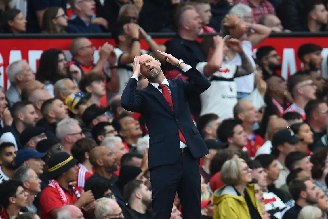 epa11578115 Manchester United manager Erik ten Hag reacts during the English Premier League soccer match of Manchester United against Liverpool FC, in Manchester, Britain, 01 September 2024.  EPA-EFE/PETER POWELL EDITORIAL USE ONLY. No use with unauthorized audio, video, data, fixture lists, club/league logos, 'live' services or NFTs. Online in-match use limited to 120 images, no video emulation. No use in betting, games or single club/league/player publications.