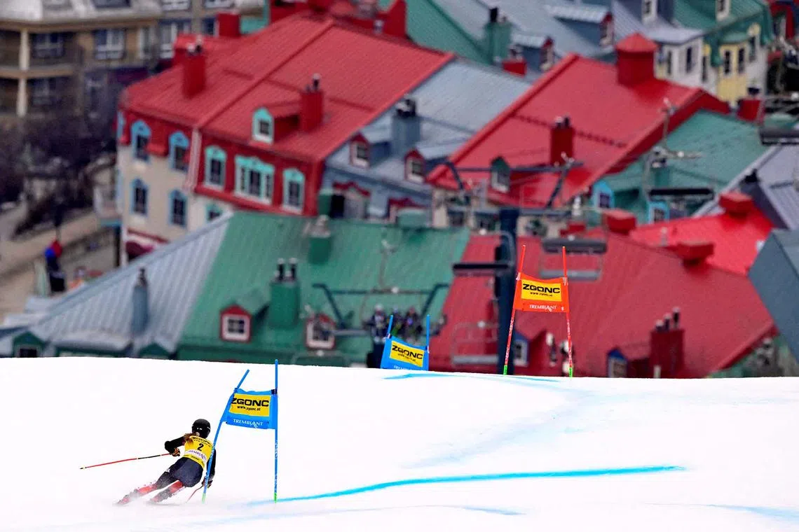 Valerie Grenier of Canada during the first run of the giant slalom race in the women's alpine skiing World Cup at Mont Tremblant in Canada, Dec 3, 2023.