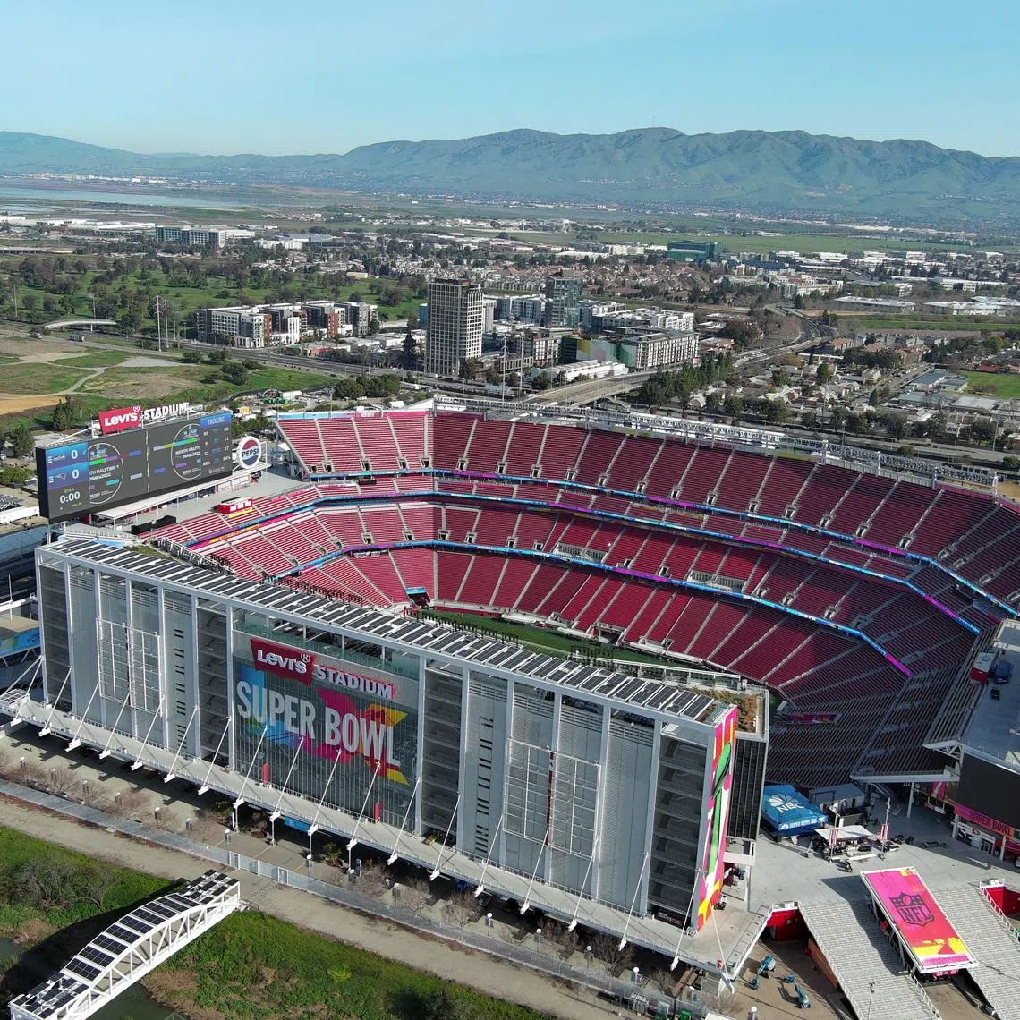 Jan 29, 2026; Santa Clara, California, USA; A general overall aerial view of Levi's Stadium, the site of Super Bowl 60 between the New England Patriots and the Seattle Seahawks. Mandatory Credit: Kirby Lee-Imagn Images