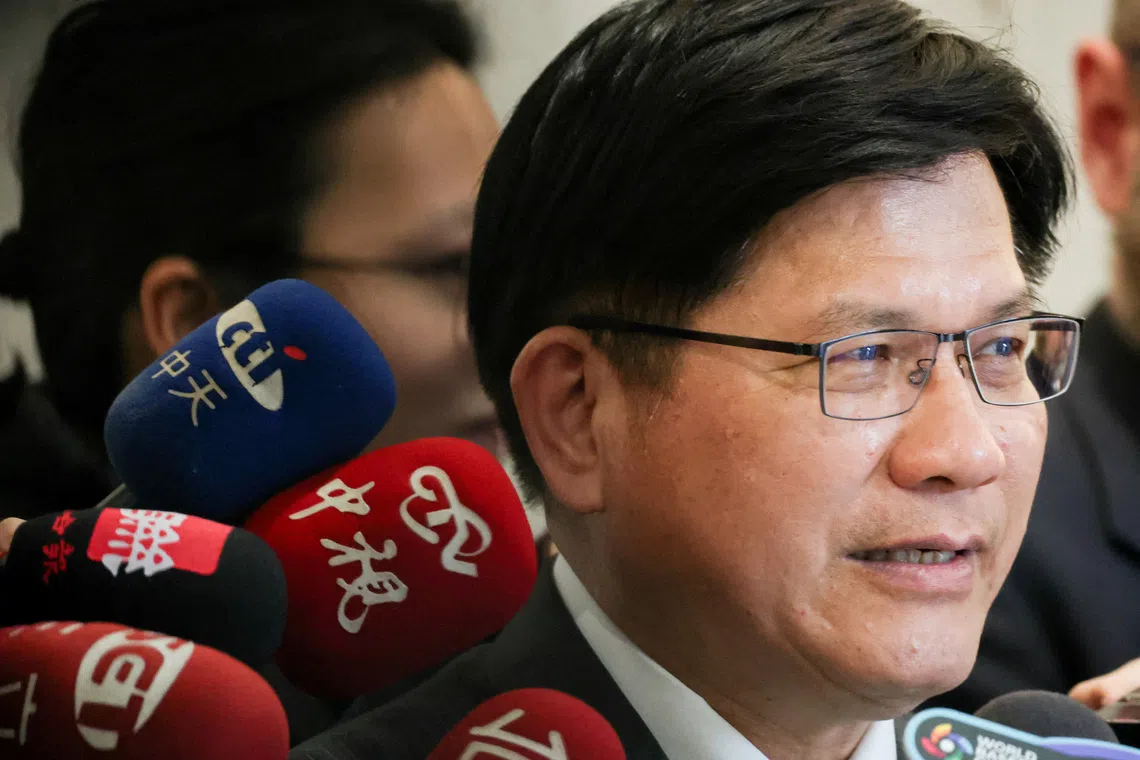 FILE PHOTO: Taiwan Foreign Minister Lin Chia-lung answers questions from reporters, in Taipei, Taiwan, February 21, 2025. REUTERS/Ann Wang/File Photo