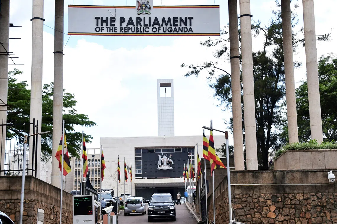 FILE PHOTO: A general view shows the entrance to the Ugandan Parliament building in Kampala, Uganda May 2, 2023. REUTERS/Abubaker Lubowa/ File Photo