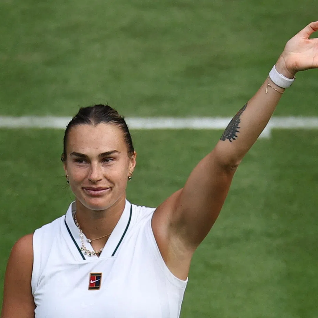 Tennis - Wimbledon - All England Lawn Tennis and Croquet Club, London, Britain - June 29, 2026 Belarus' Aryna Sabalenka celebrates winning her first round match against Serbia's Teodora Kostovic REUTERS/Toby Melville