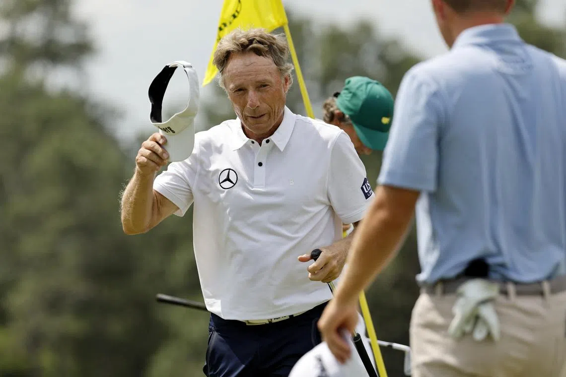FILE PHOTO: Golf - The Masters - Augusta National Golf Club - Augusta, Georgia, U.S. - April 7, 2023 Germany's Bernhard Langer on the 18th hole after completing his second round REUTERS/Jonathan Ernst/File Photo