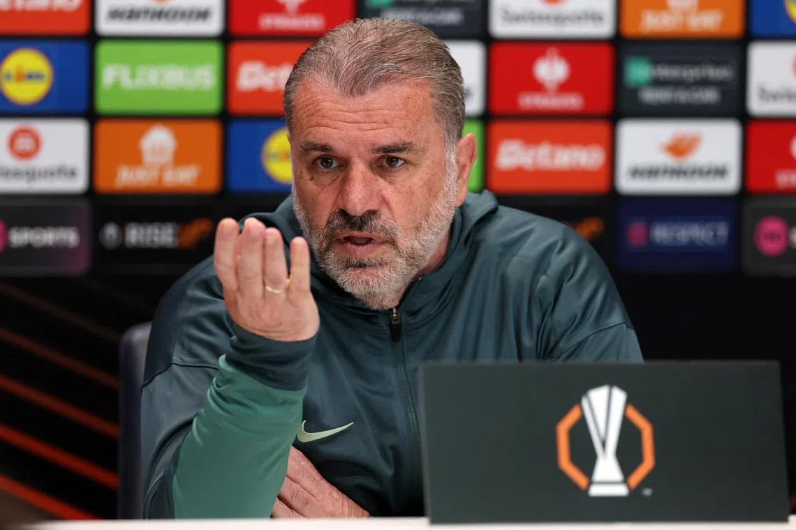 Tottenham Hotspur manager Ange Postecoglou during a press conference on April 9.