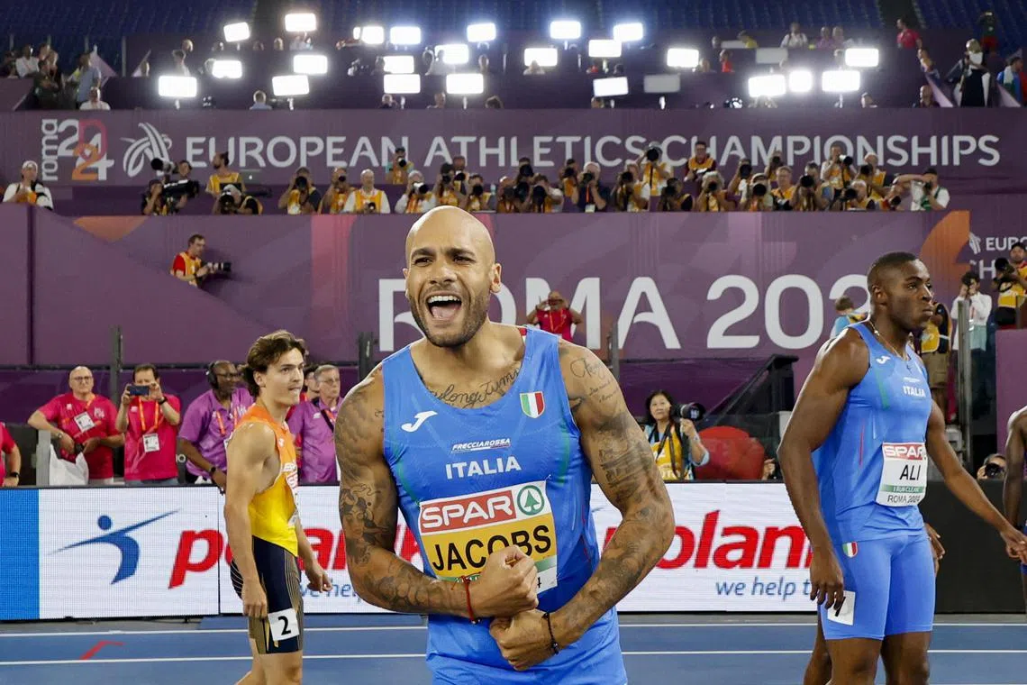 Gold medallist Marcell Jacobs of Italy celebrating after the 100m men's final at the European Athletics Championship in Rome on June 8.