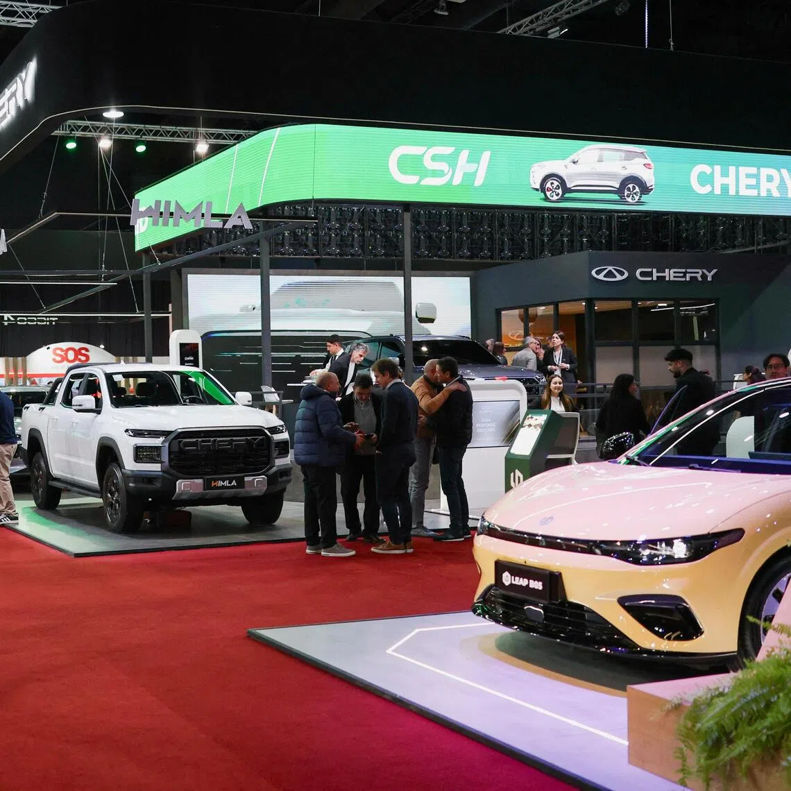 Chery and Leapmotor vehicles at a Chinese auto show in Buenos Aires on Oct 2.