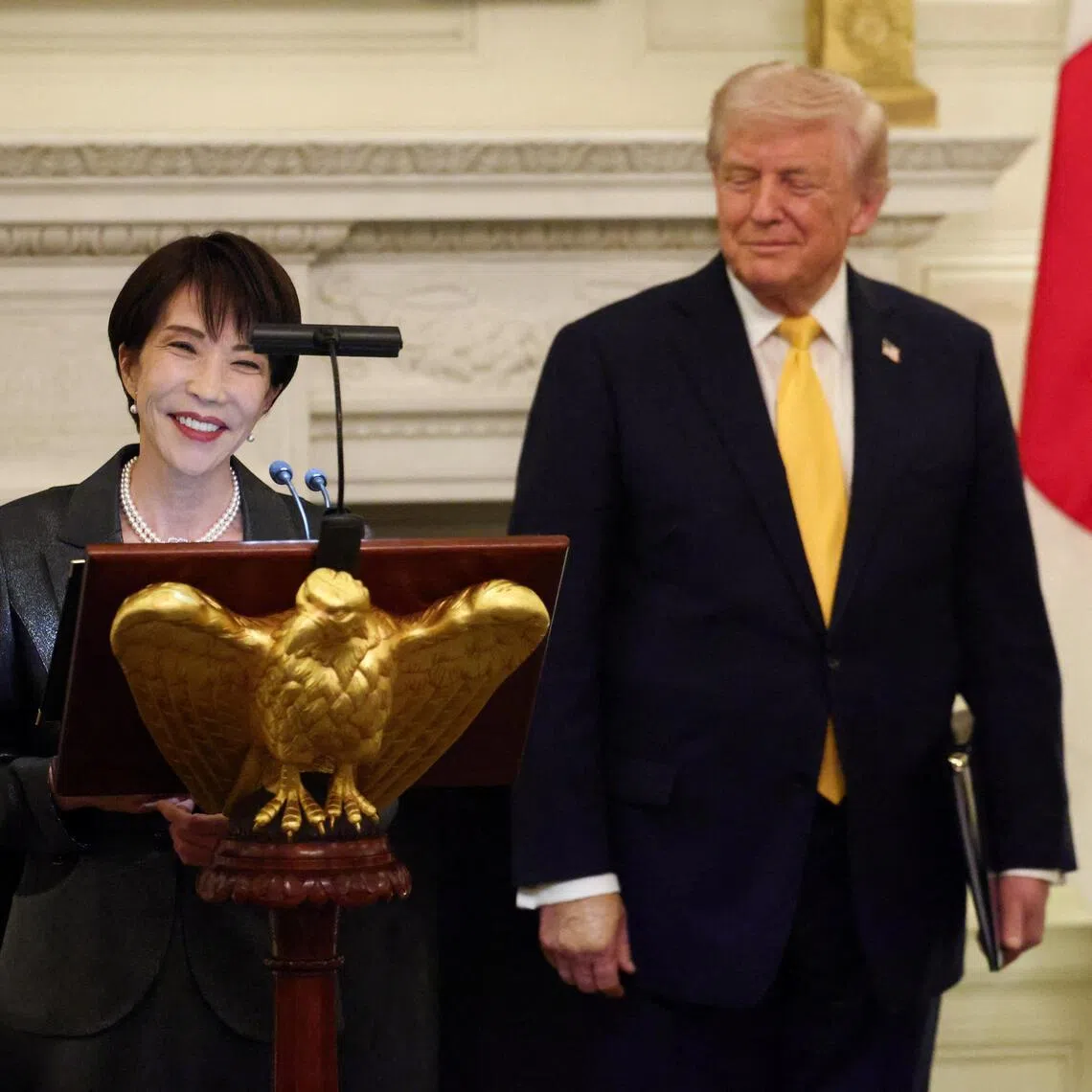 Japanese Prime Minister Sanae Takaichi delivers remarks during a dinner hosted by US President Donald Trump at the White House in Washington, D.C., on March 19, 2026.