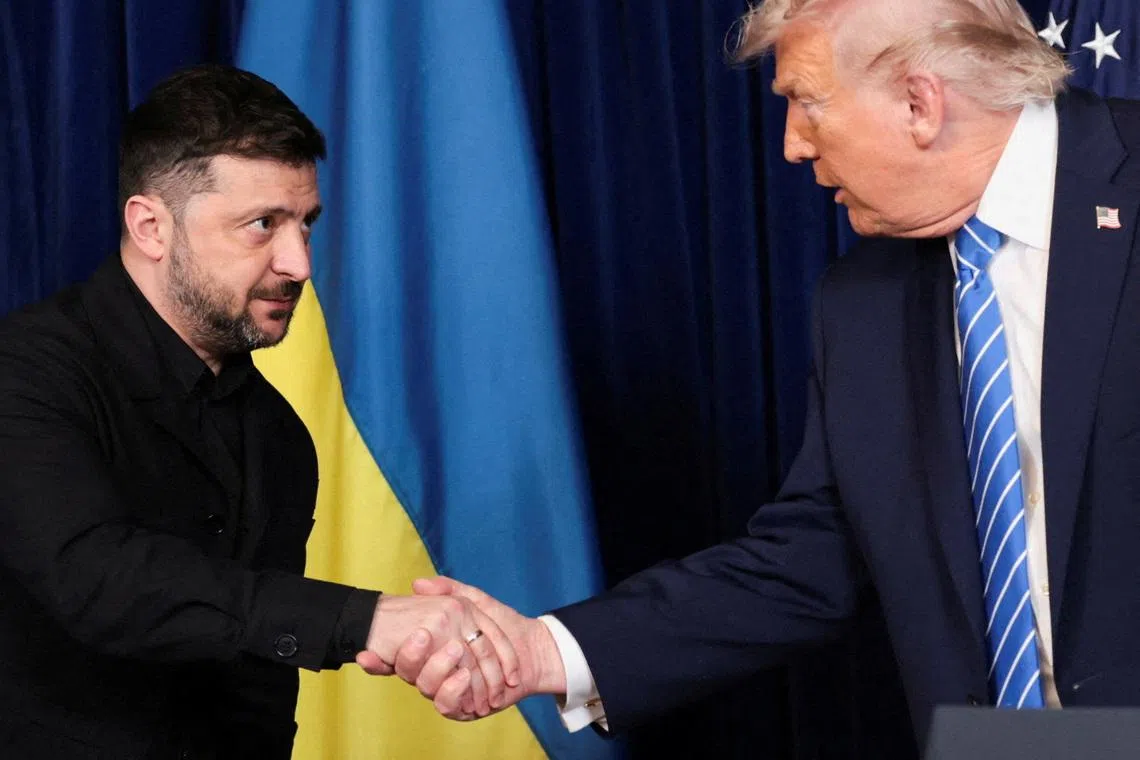 US President Donald Trump (right) and Ukrainian President Volodymyr Zelensky during a press conference at Trump’s Mar-a-Lago club, in Palm Beach, Florida on Dec 28, 2025.