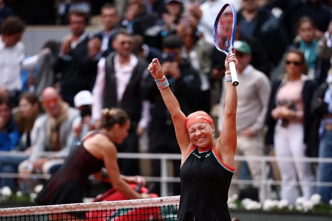 Russia's Diana Shnaider celebrating after her stunning 3-6, 7-5, 6-0 win over world No. 1 Belarusian Aryna Sabalenka in their French Open quarter-final on June 3.