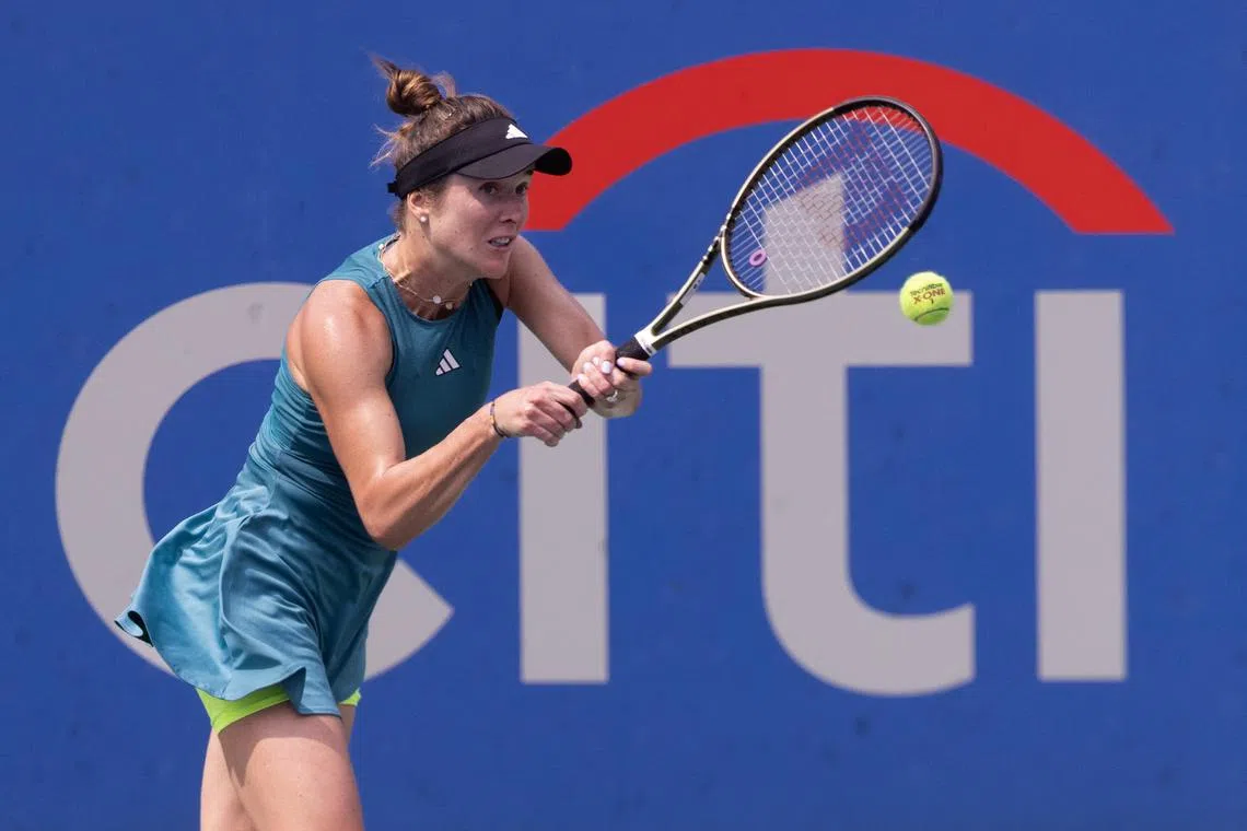 Elina Svitolina of Ukraine hitting a backhand during her match against Daria Kasatkina of Russia at the DC Open in Washington.