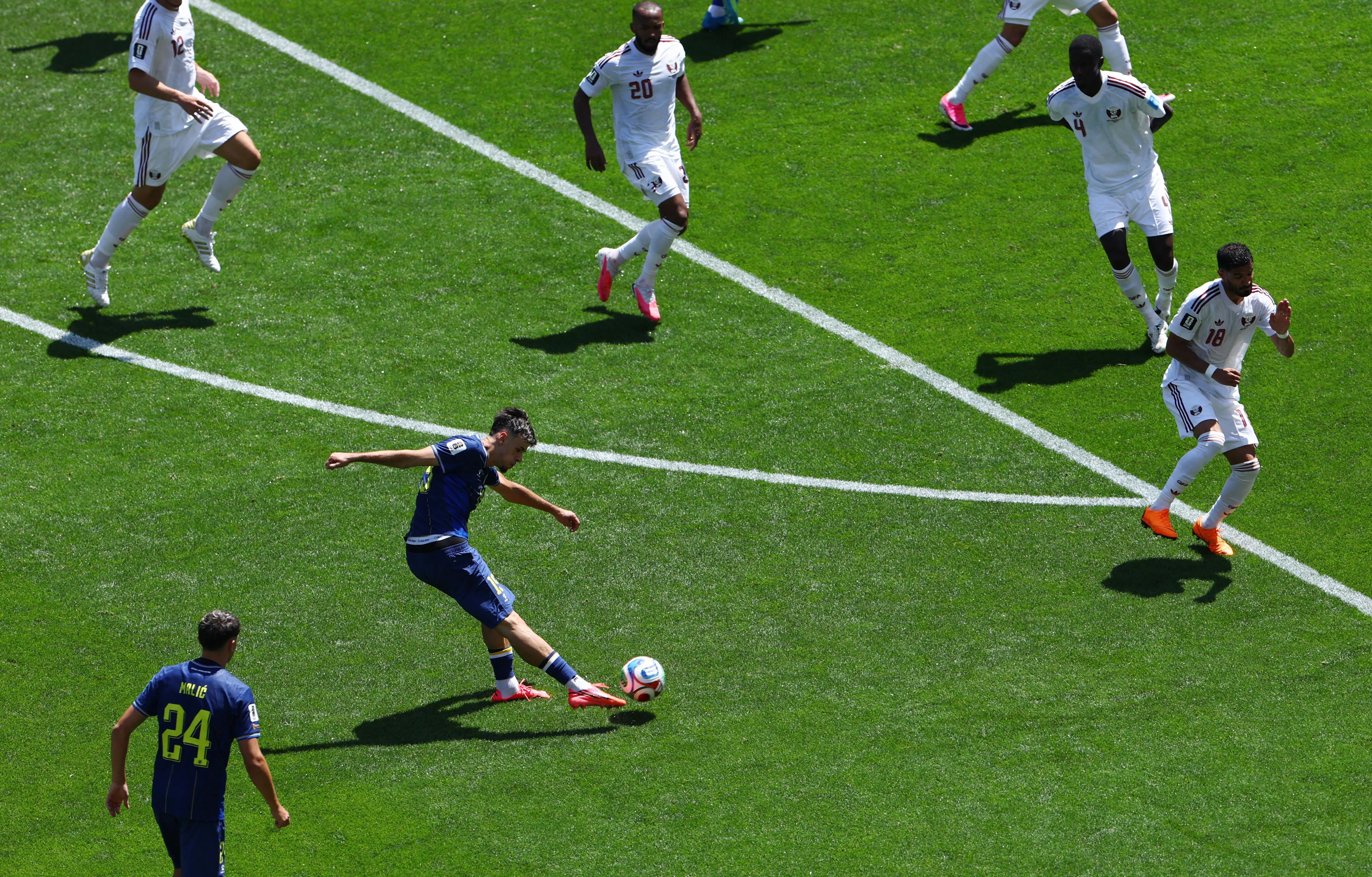 Soccer Football - FIFA World Cup 2026 - Group B - Bosnia and Herzegovina v Qatar - Seattle Stadium, Seattle, Washington, U.S. - June 24, 2026
Bosnia and Herzegovina's Kerim Alajbegovic scores their first goal REUTERS/Eloisa Lopez