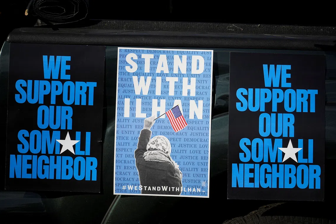 Messages of support for Democratic US Representative Ilhan Omar of Minnesota are displayed during a rally.