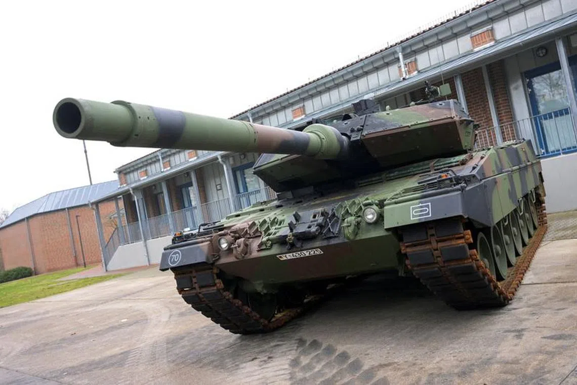 FILE PHOTO: A view of a Leopard 2 tank at the German army Bundeswehr base in Munster, Germany, February 20, 2023. REUTERS/Fabian Bimmer/File Photo