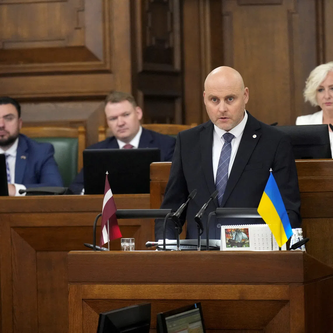 FILE PHOTO: A candidate for Latvia's new Prime Minister Andris Kulbergs adresses Parliament before it votes on a new government in Riga, Latvia May 28, 2026. REUTERS/Ints kalnins/File Photo