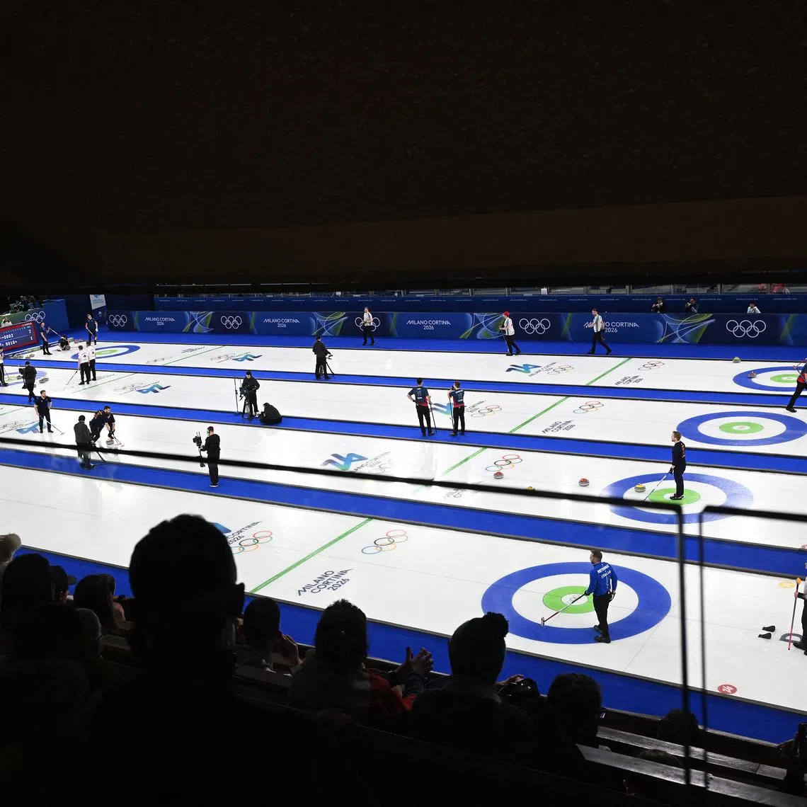 Milano Cortina 2026 Olympics - Curling - Men's Round Robin Session 8 - Cortina Curling Olympic Stadium, Cortina d'Ampezzo, Italy - February 16, 2026. A general view of Czechia vs Canada, Britain vs Norway, Italy vs China and Sweden vs Germany matches REUTERS/Jennifer Lorenzini