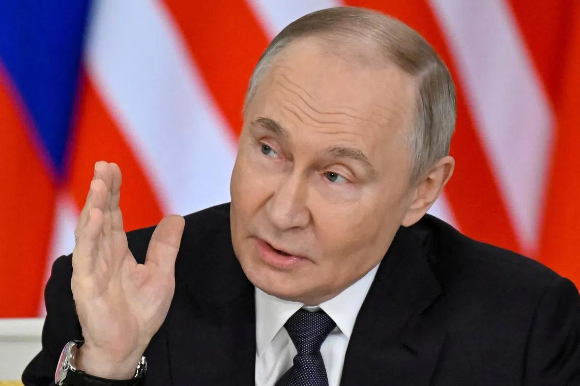 Russian President Vladimir Putin speaks during a joint media statement with Malaysian Prime Minister Anwar following their talks at the Kremlin in Moscow, Russia May 14, 2025. Alexander Nemenov/Pool via REUTERS/File Photo