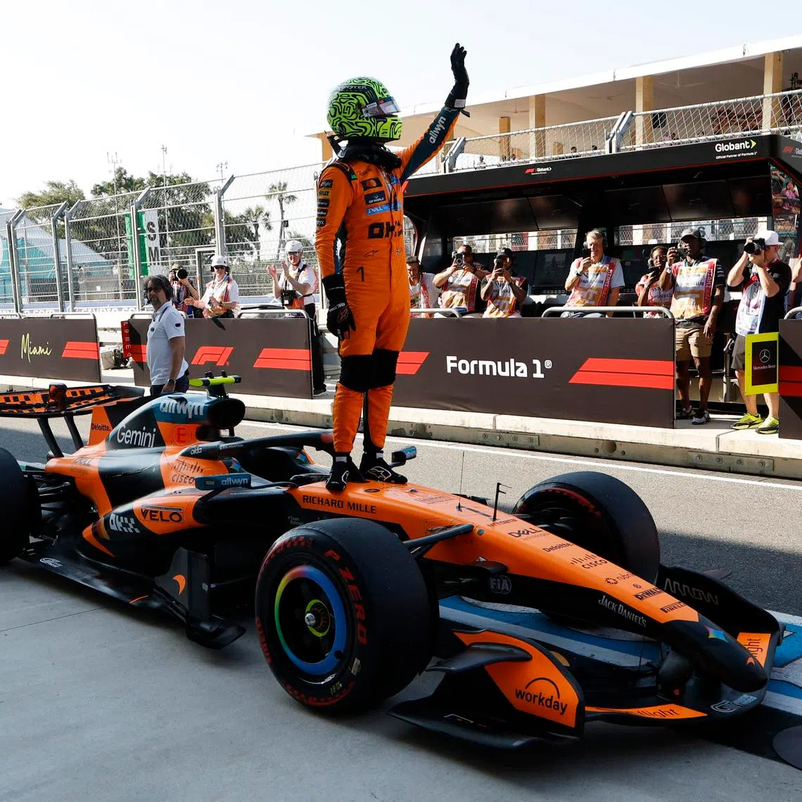 Formula One F1 - Miami Grand Prix - Miami International Autodrome, Miami, Florida, United States - May 1, 2026 McLaren's Lando Norris celebrates after qualifying in pole position for the sprint race REUTERS/Marco Bello