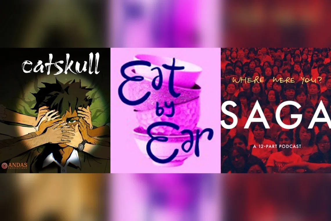 (From left) Andas Productions’ audio drama Catskull (2023), Docu-dramedy Eat By Ear and Aware’s Saga podcast.