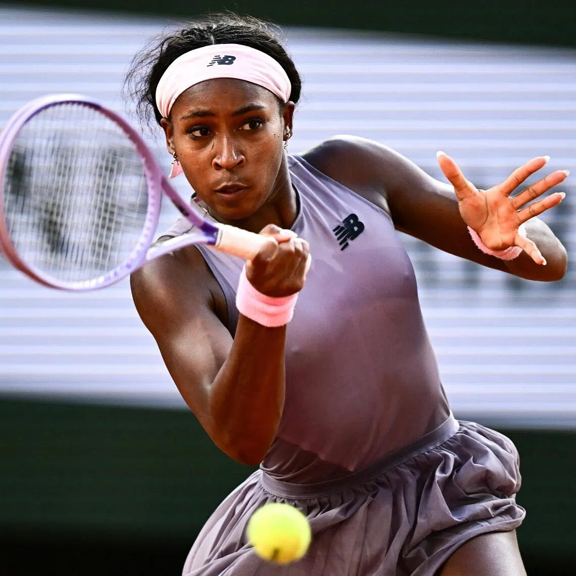 Coco Gauff of the US playing a forehand return to Austria's Anastasia Potapova during their May 30 match.