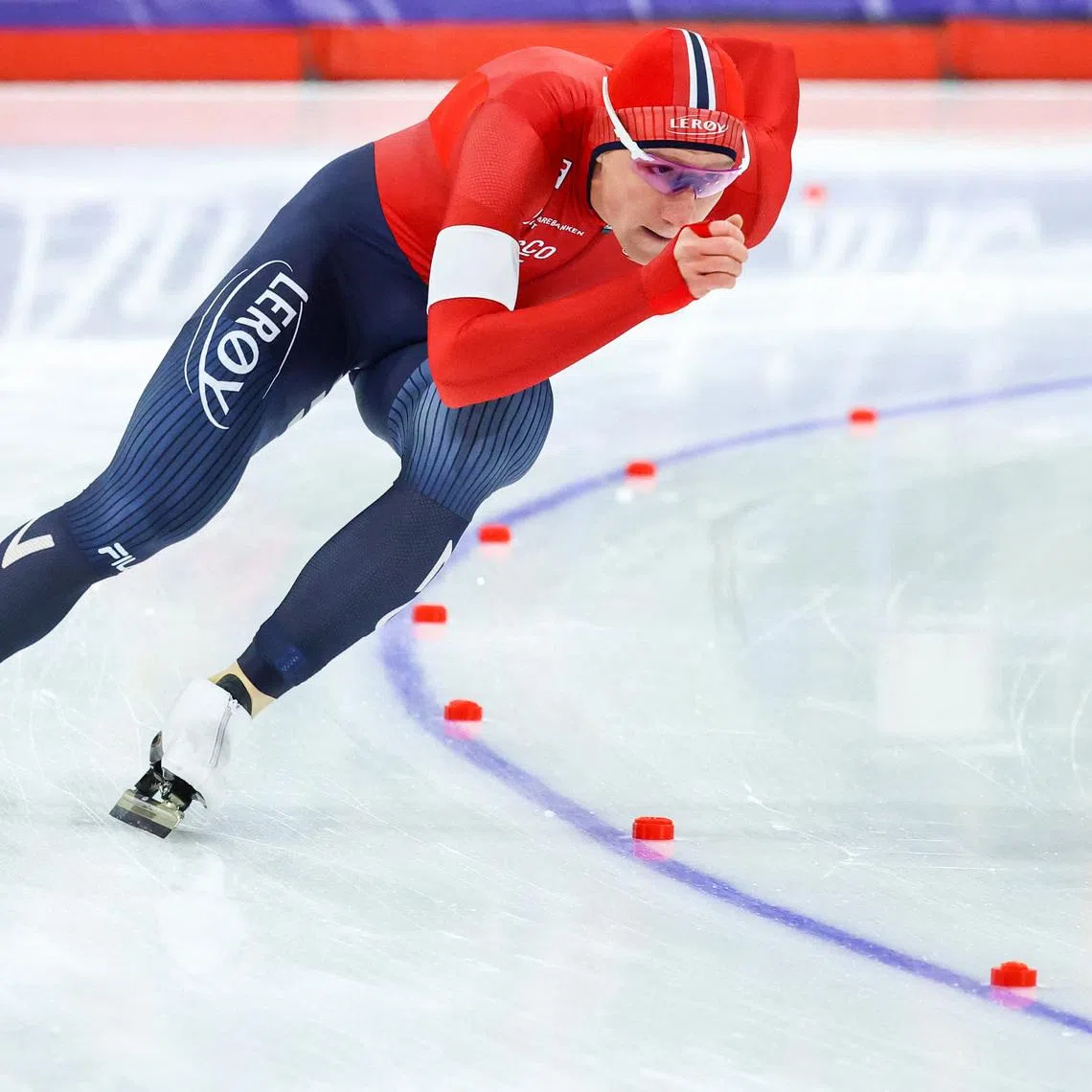 Nov 22, 2025; Calgary, Alberta, CANADA; Peder Kongshaug of Norway competes in the men's 1500m during the ISU Speedskating World Cup at Calgary Olympic Oval. Mandatory Credit: Sergei Belski-Imagn Images
