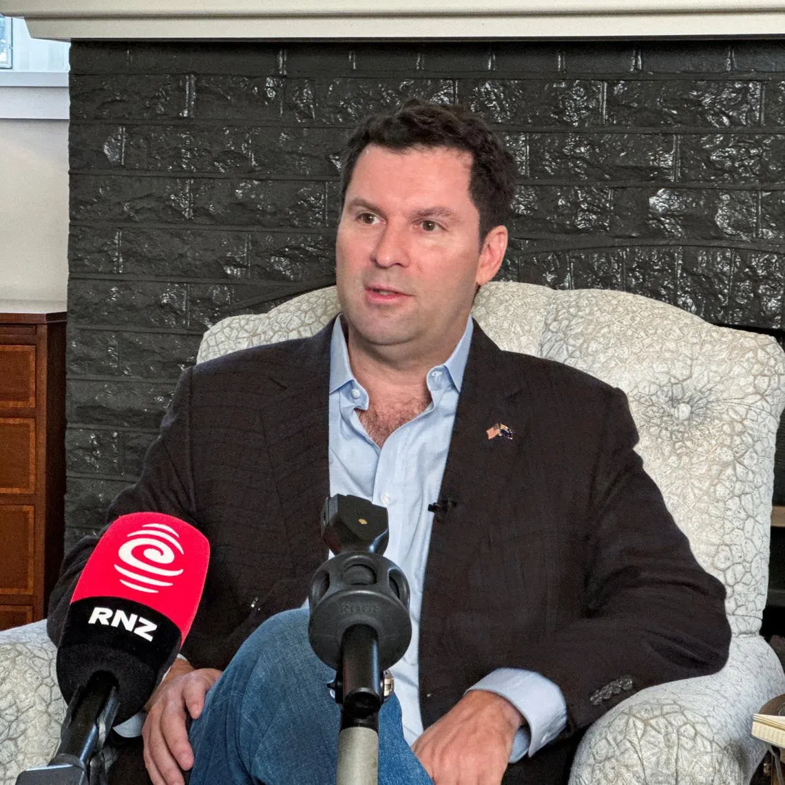 United States Ambassador to New Zealand, Cook Islands, Niue and Samoa, Jared Novelly, speaks to the media at the U.S. ambassador's residence in Lower Hutt, New Zealand, July 3 2026. REUTERS/Lucy Craymer