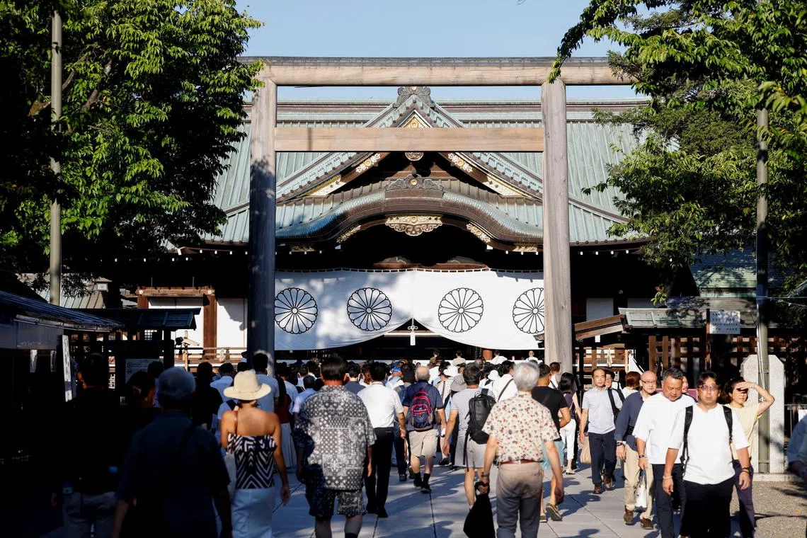 Japan marked the 80th anniversary of its World War II defeat on Aug 15, with at least one cabinet minister joining thousands of visitors at Yasukuni Shrine.