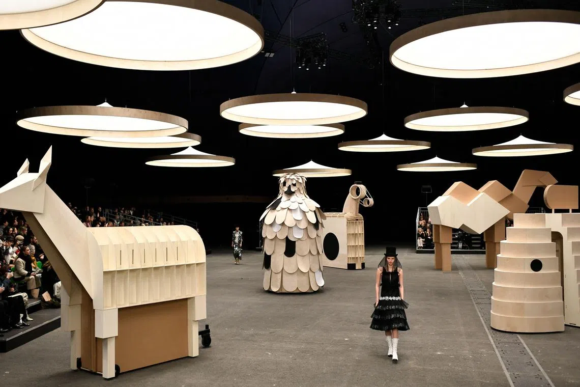 A model presents a creation from Chanel Haute-Couture Spring-Summer 2023-2024 collection during Paris Fashion Week in Paris, on January 24, 2023. 
