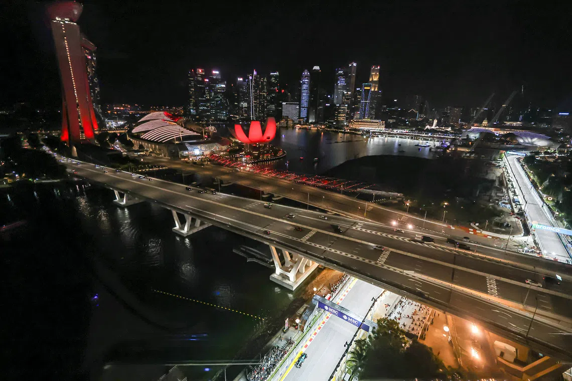Mercedes' George Russell in action during the qualifying session of the 2025 Formula One Singapore Airlines Singapore Grand Prix at the Marina Bay Street Circuit on Oct 4, 2025. 