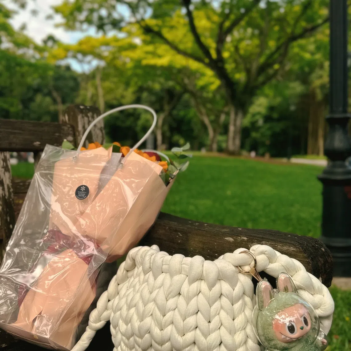 The writer’s crocheted creations include a chunky bag and a Labubu outfit.