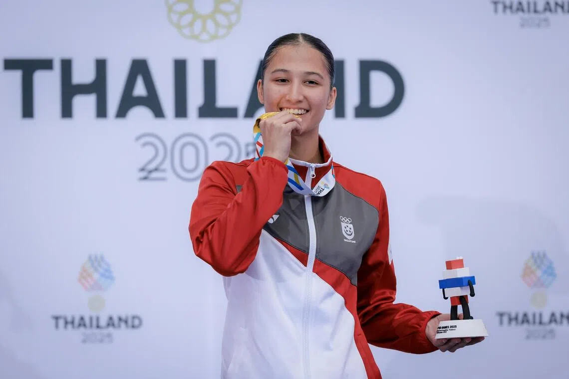 Singapore’s Marissa Hafezan after her victory in the Karate Women Under-55kg Final at the Chaeng Watthana Government Complex during the Thailand SEA Games in Bangkok on Dec 12, 2025.