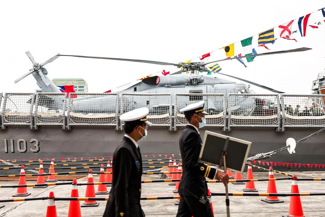 A helicopter is seen on board the Taiwanese navy frigate ROCS Cheng Kung.