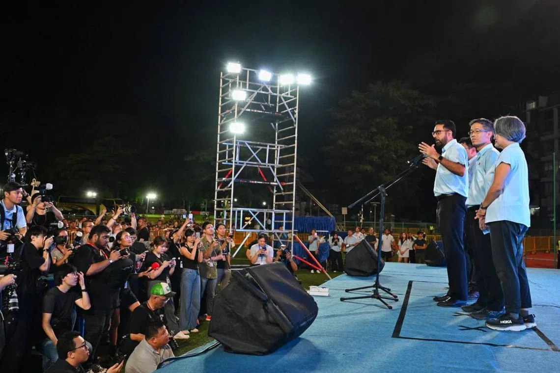 WP’s Pritam Singh speaking at Serangoon Stadium on May 3.